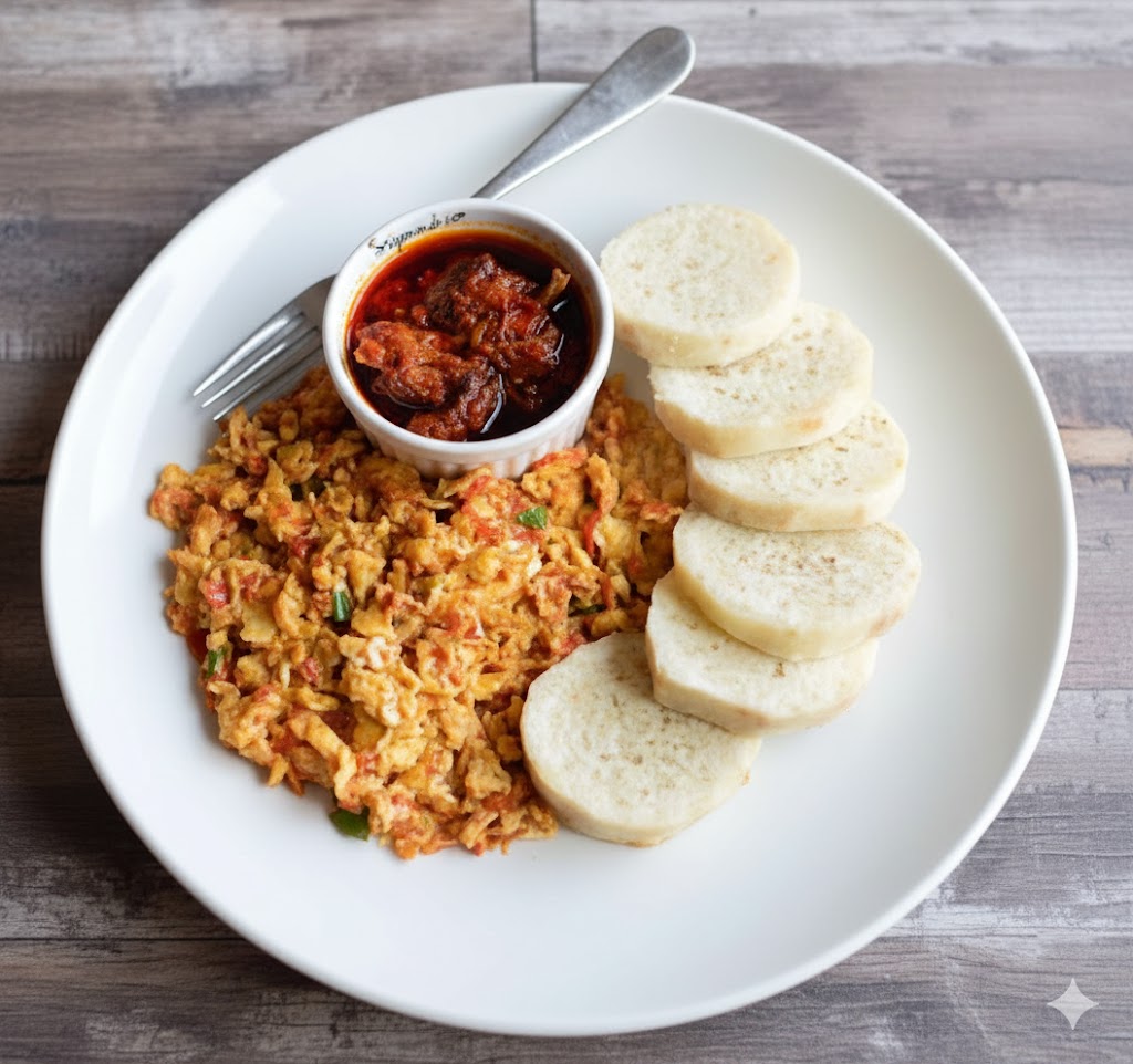 Nigeria egg sauce, fried or boiled yam & grilled sausages