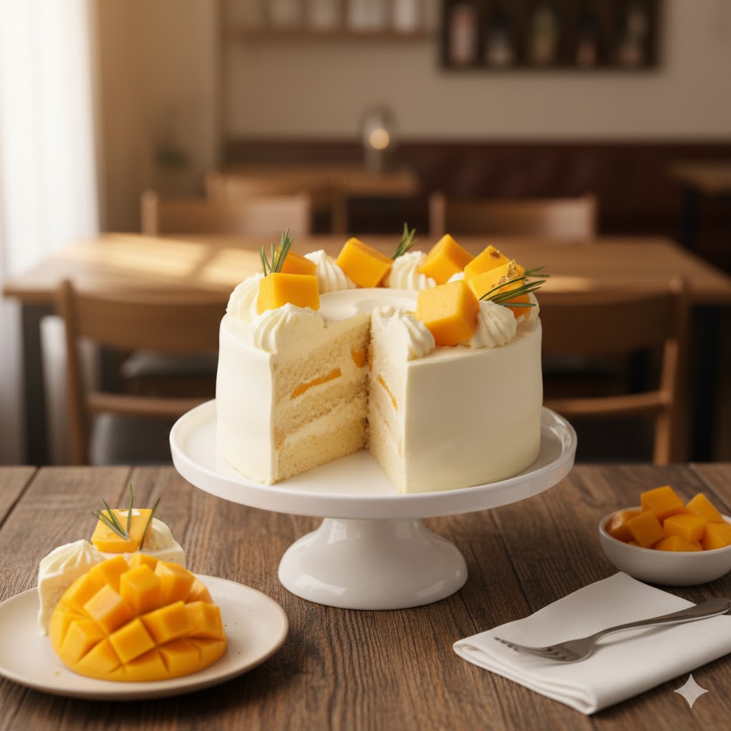 Vanilla sponge cake and Mango cream